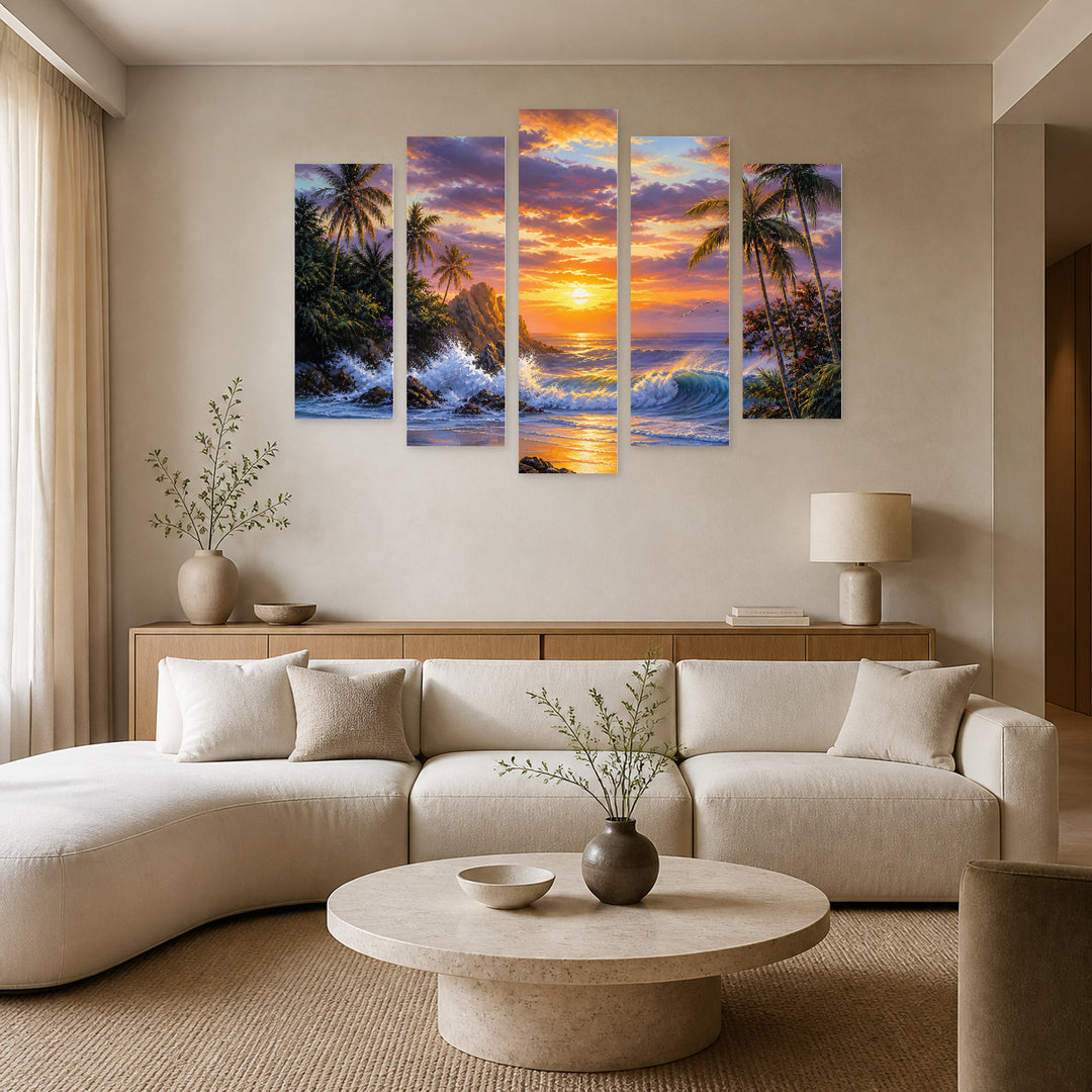 Seaside Evening Landscape in Serene Light — five-panel wall art in frontal interior | 5wallart 52779 M3