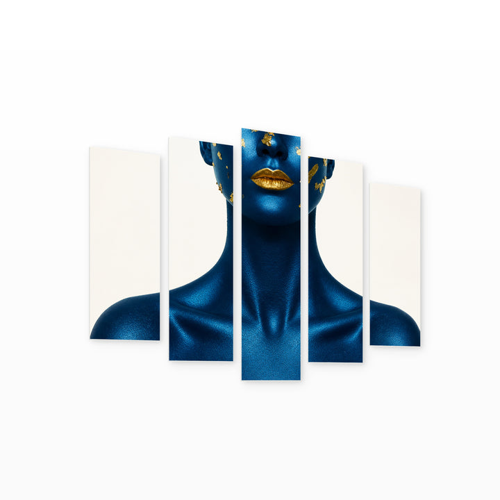 Blue Skin and Golden Lips with Geometric Rhythm — five-panel wall art on white background in perspective | 5wallart 52780 M1