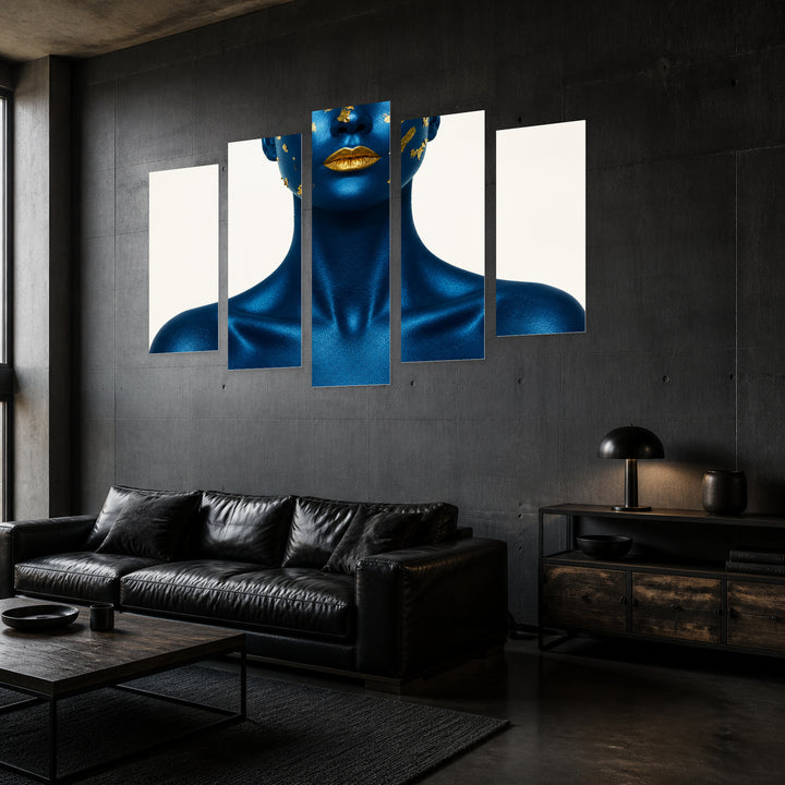 Blue Skin and Golden Lips with Geometric Rhythm — five-panel wall art in perspective interior | 5wallart 52780 M2