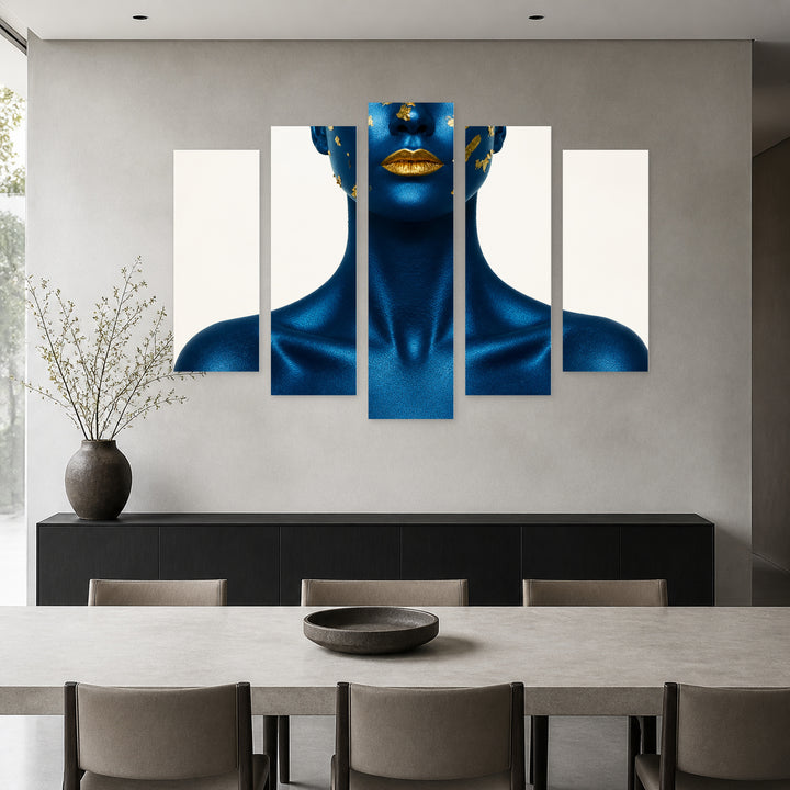 Blue Skin and Golden Lips with Geometric Rhythm — five-panel wall art in frontal interior | 5wallart 52780 M3