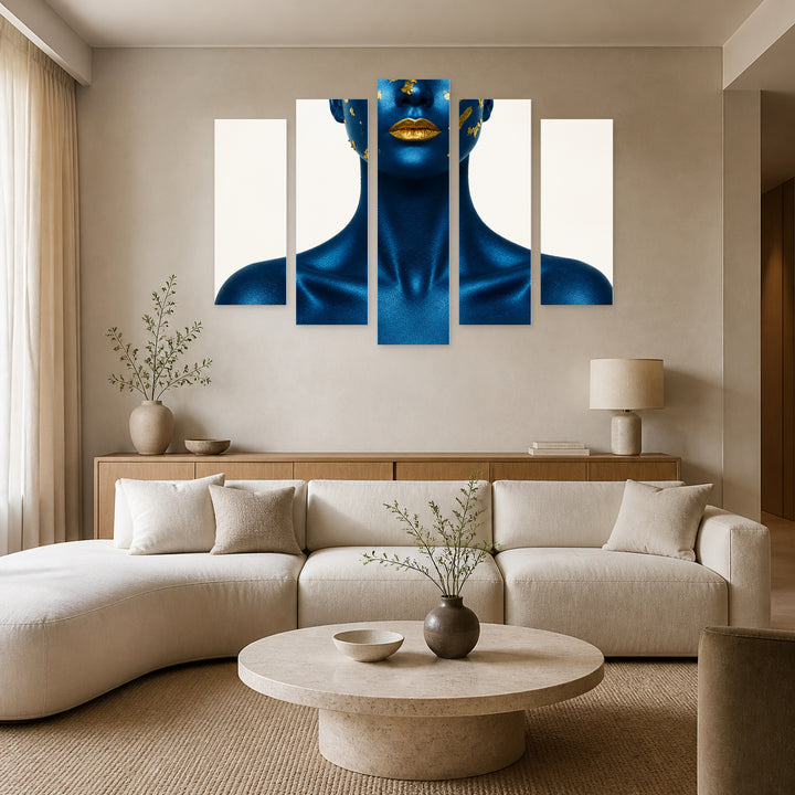 Blue Skin and Golden Lips with Geometric Rhythm — five-panel wall art in alternate frontal interior | 5wallart 52780 M4