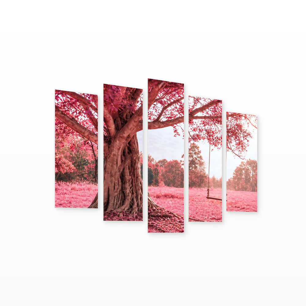 Pink Tree in Serene Light — five-panel wall art on white background in perspective | 5wallart 52781 M1
