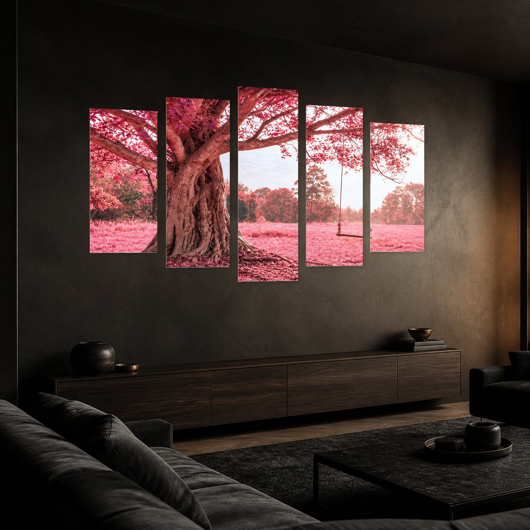Pink Tree in Serene Light — five-panel wall art in perspective interior | 5wallart 52781 M2