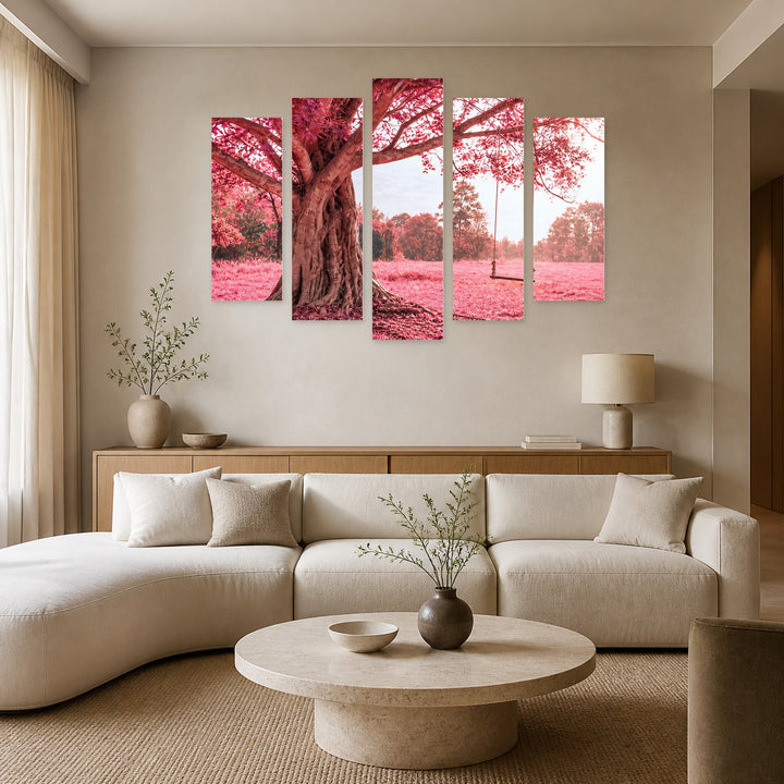 Pink Tree in Serene Light — five-panel wall art in frontal interior | 5wallart 52781 M3