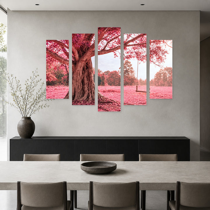 Pink Tree in Serene Light — five-panel wall art in alternate frontal interior | 5wallart 52781 M4