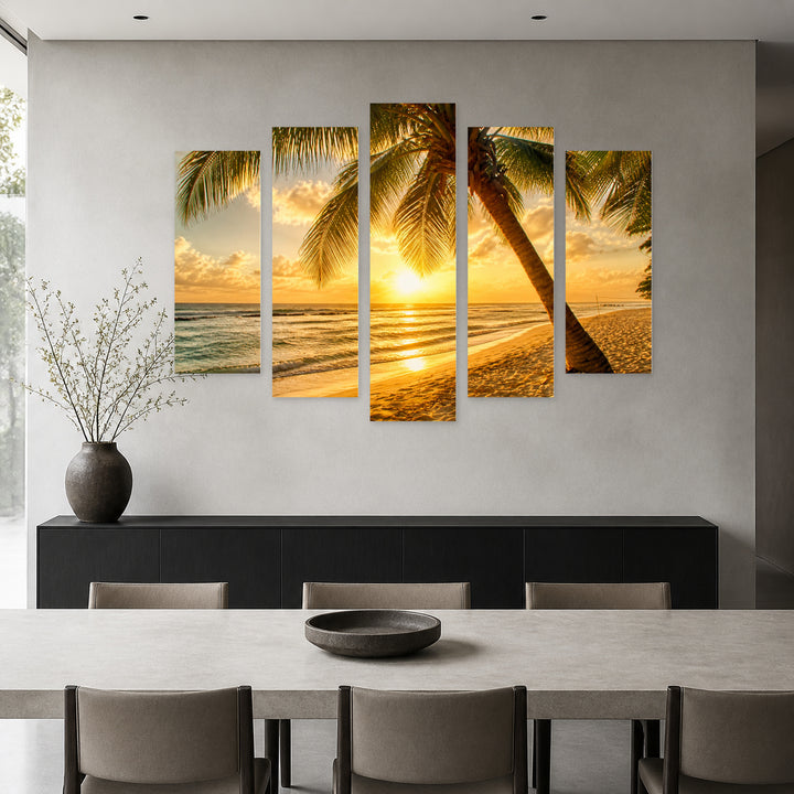 The Sea Sunset Glow — five-panel wall art in frontal interior | 5wallart 52782 M3