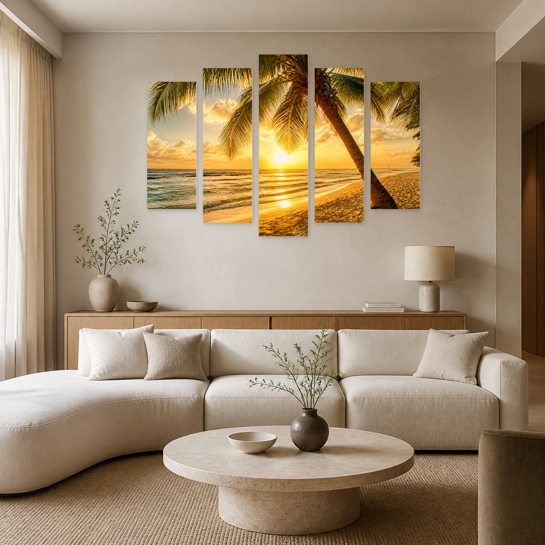 The Sea Sunset Glow — five-panel wall art in alternate frontal interior | 5wallart 52782 M4