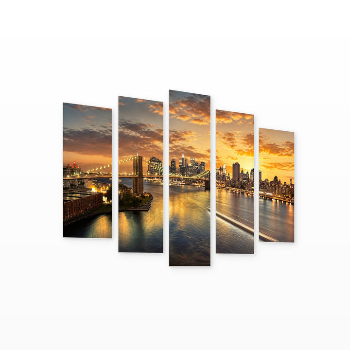 New York Cityscape at Golden Sunset — five-panel wall art on white background in perspective | 5wallart 52784 M1