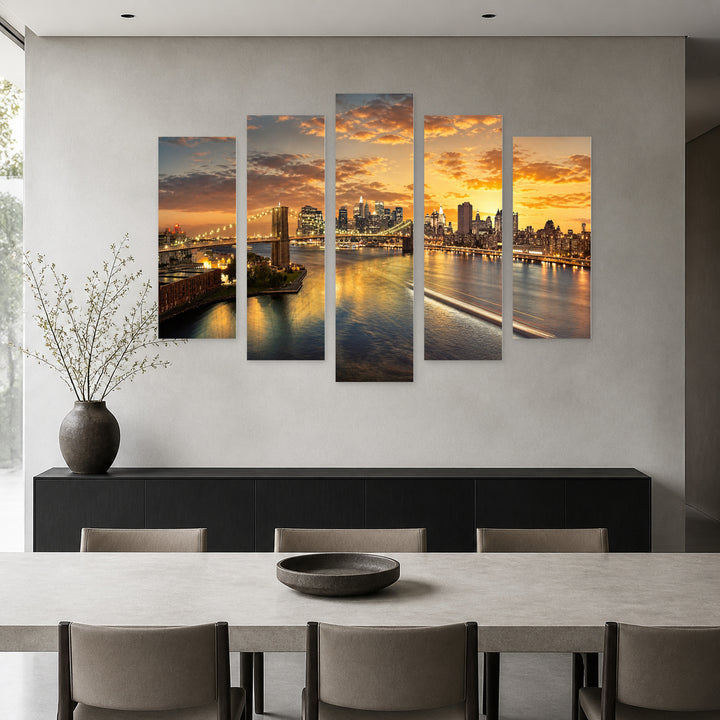 New York Cityscape at Golden Sunset — five-panel wall art in frontal interior | 5wallart 52784 M3
