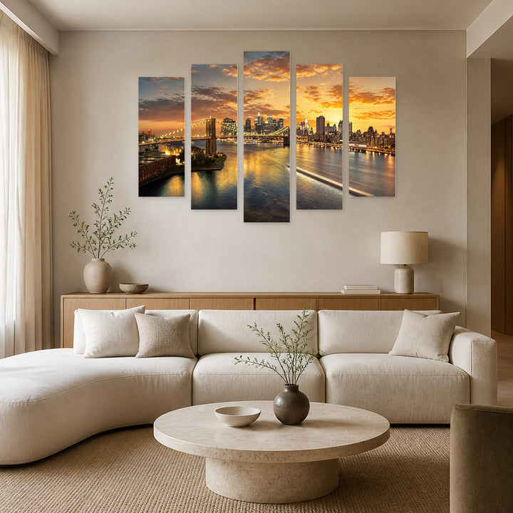 New York Cityscape at Golden Sunset — five-panel wall art in alternate frontal interior | 5wallart 52784 M4