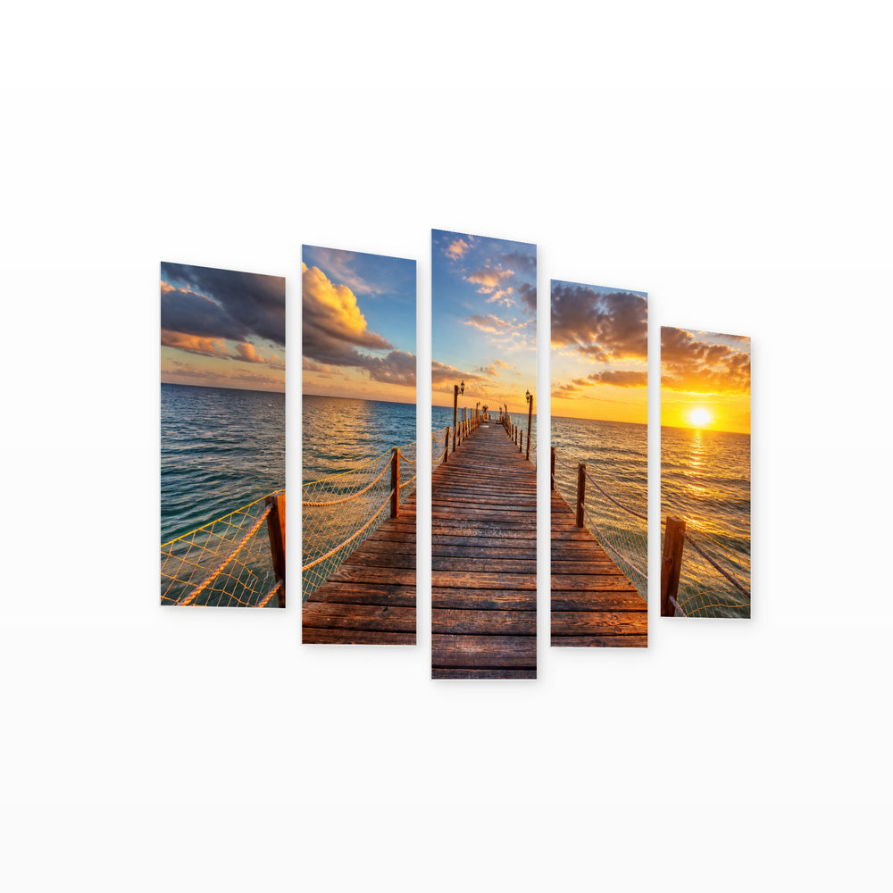 Shimmering Sunrise at the Seaport in Serene Light — five-panel wall art on white background in perspective | 5wallart 52787 M1