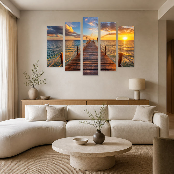 Shimmering Sunrise at the Seaport in Serene Light — five-panel wall art in frontal interior | 5wallart 52787 M3