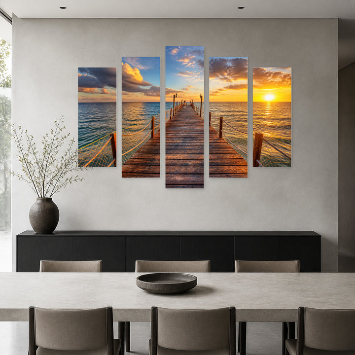 Shimmering Sunrise at the Seaport in Serene Light — five-panel wall art in alternate frontal interior | 5wallart 52787 M4