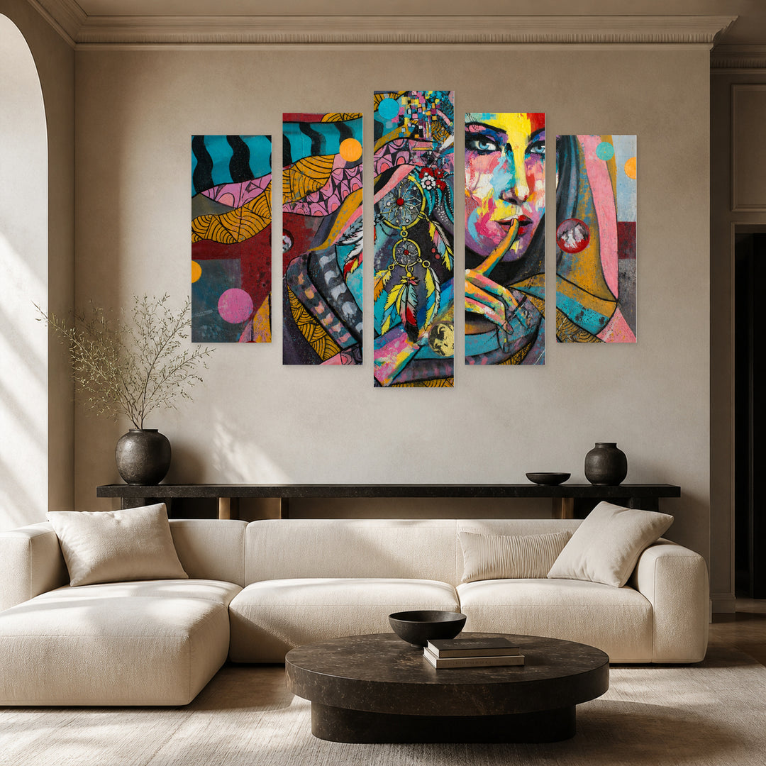 Dreamcatcher in Blue and Gold — five-panel wall art in alternate frontal interior | 5wallart 52788 M4