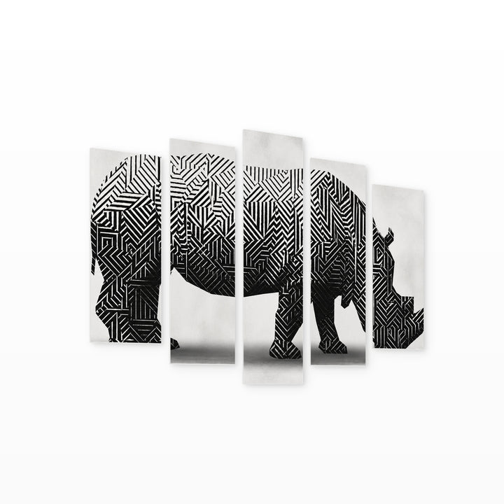 Abstract Illustration of a Rhinoceros Modern Composition — five-panel wall art on white background in perspective | 5wallart 52795 M1