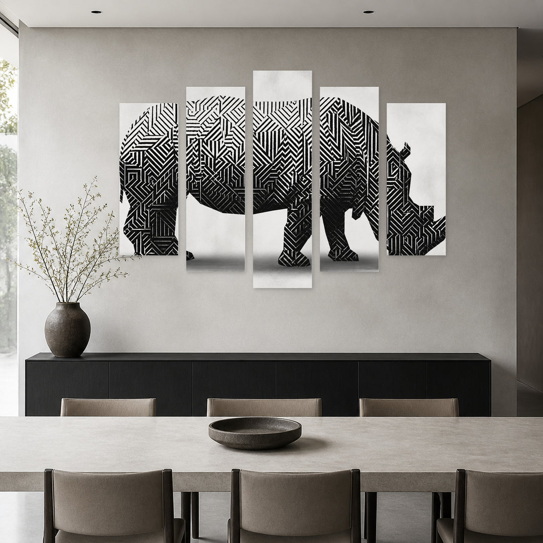 Abstract Illustration of a Rhinoceros Modern Composition — five-panel wall art in alternate frontal interior | 5wallart 52795 M4