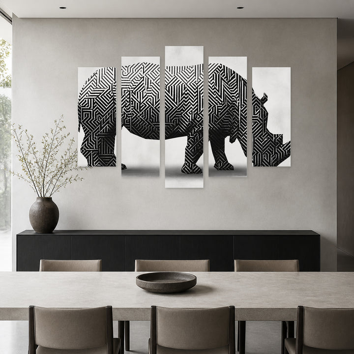 Abstract Illustration of a Rhinoceros Modern Composition — five-panel wall art in alternate frontal interior | 5wallart 52795 M4