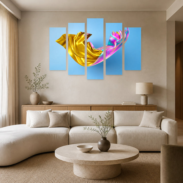 Golden Abstraction in Serene Light — five-panel wall art in frontal interior | 5wallart 52833 M3