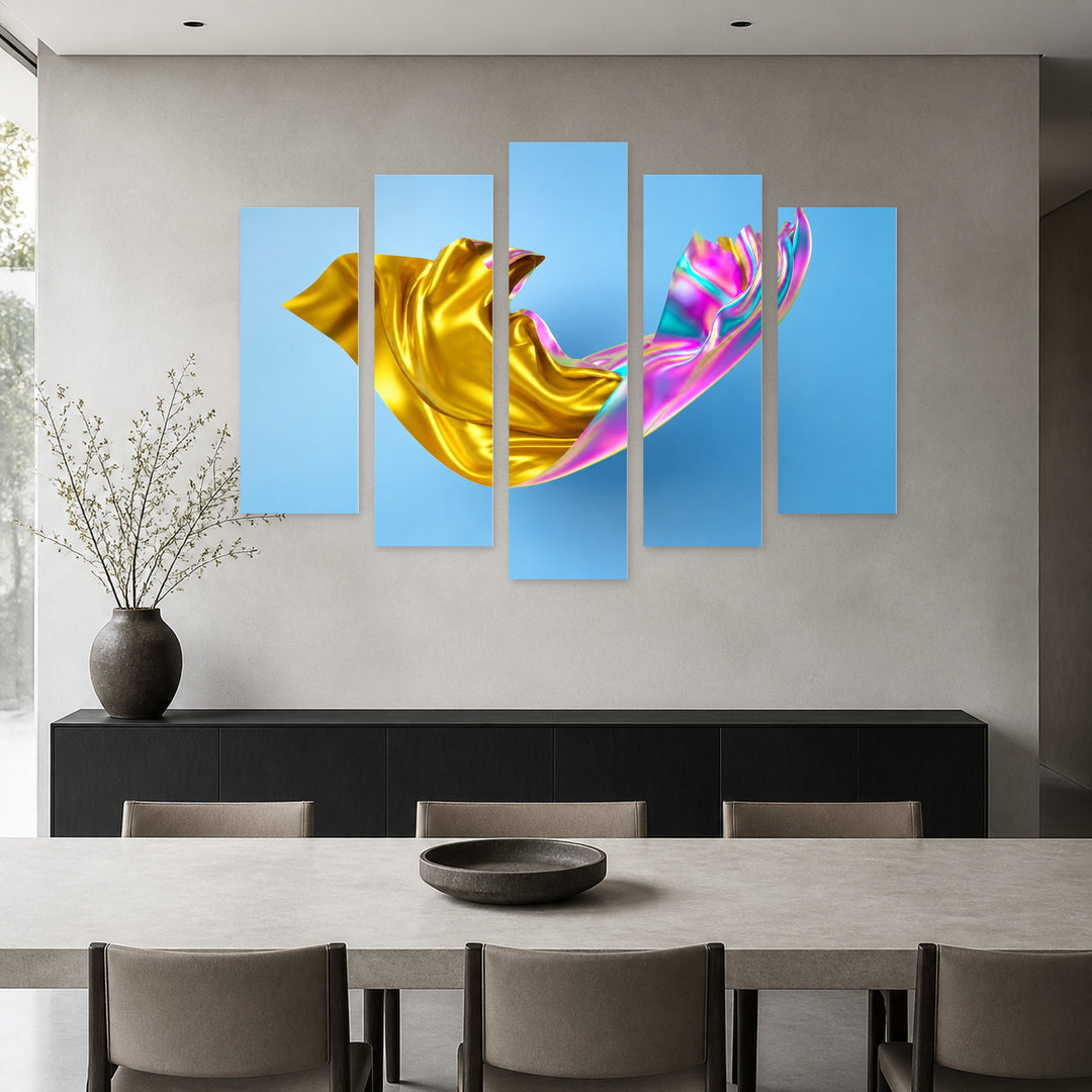 Golden Abstraction in Serene Light — five-panel wall art in alternate frontal interior | 5wallart 52833 M4