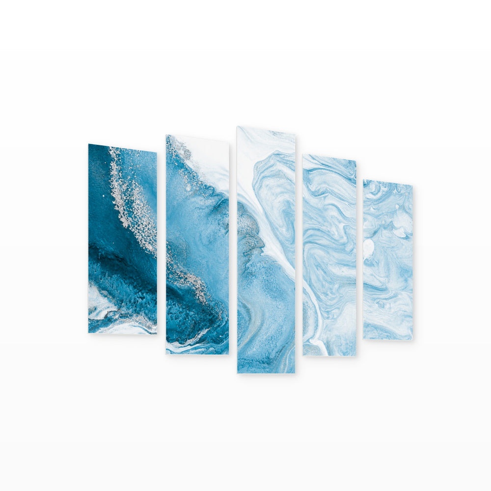 Blue and Silver Marble Texture in Serene Light — five-panel wall art on white background in perspective | 5wallart 52859 M1