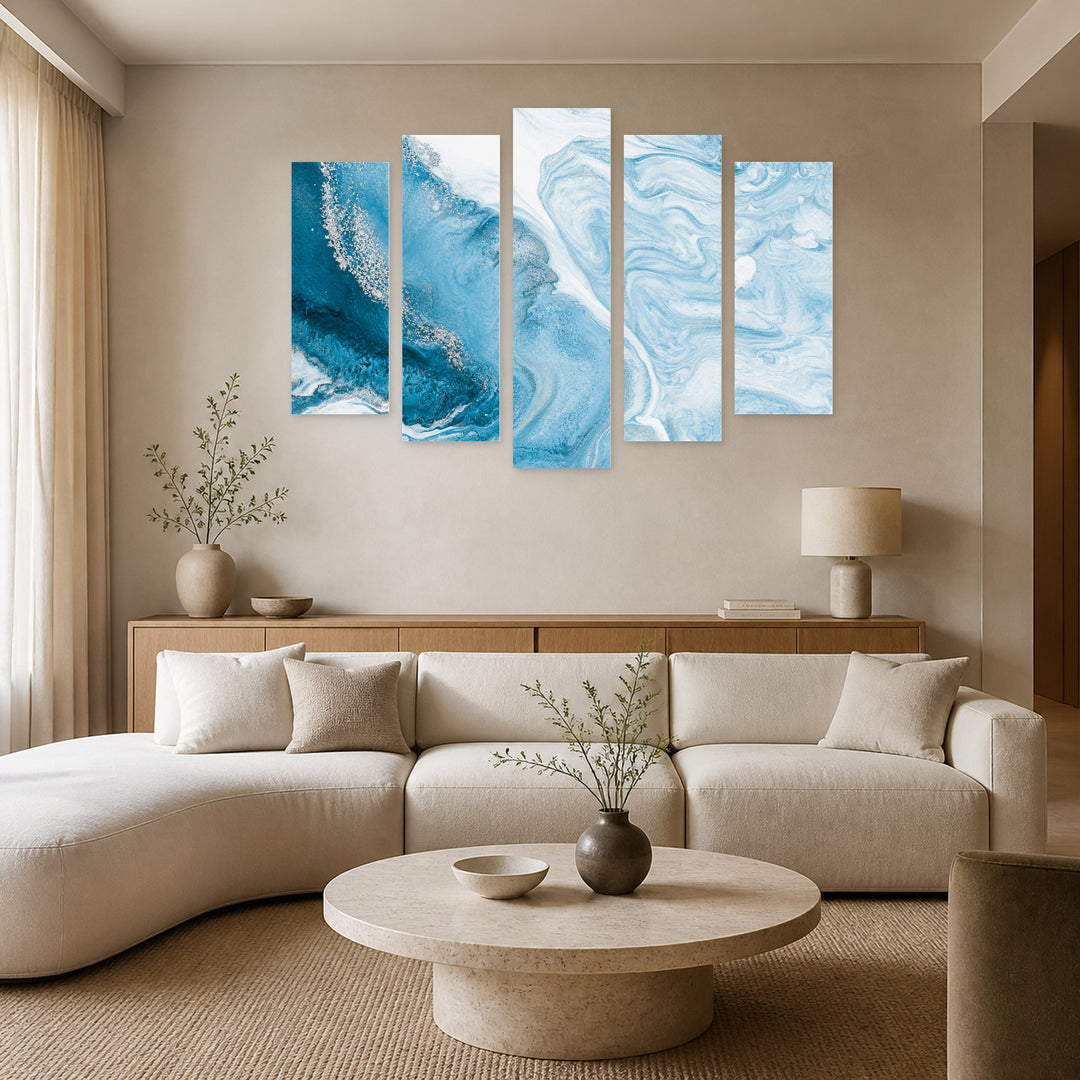 Blue and Silver Marble Texture in Serene Light — five-panel wall art in frontal interior | 5wallart 52859 M3