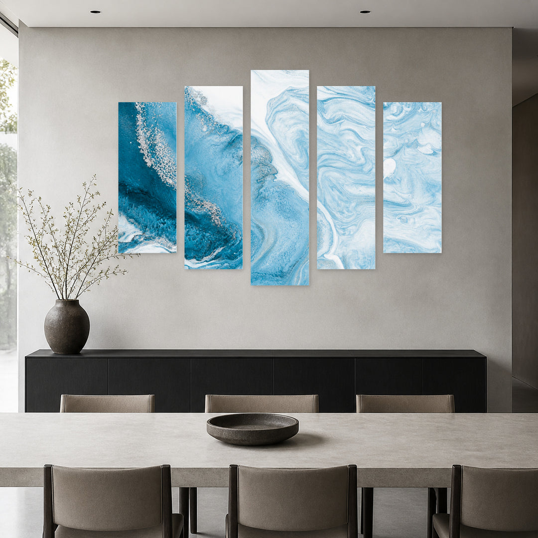 Blue and Silver Marble Texture in Serene Light — five-panel wall art in alternate frontal interior | 5wallart 52859 M4