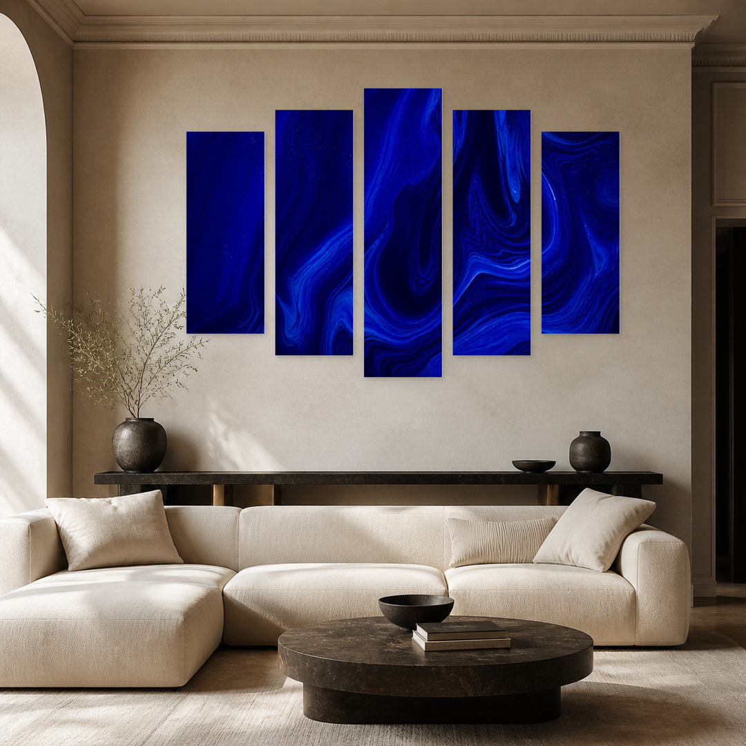 Liquid Dark Blue Texture at Night — five-panel wall art in frontal interior | 5wallart 52863 M3