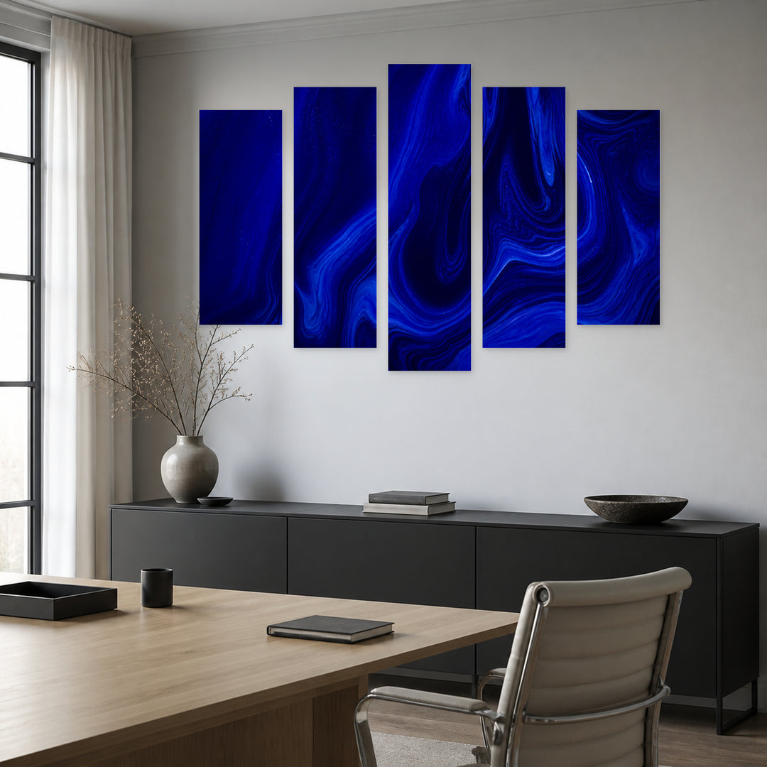 Liquid Dark Blue Texture at Night — five-panel wall art in alternate frontal interior | 5wallart 52863 M4