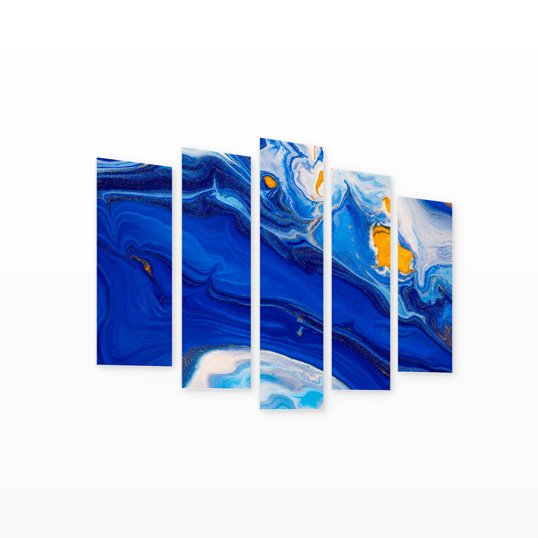 Blue Liquid Acrylic Color with Geometric Rhythm — five-panel wall art on white background in perspective | 5wallart 52866 M1