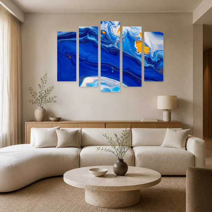 Blue Liquid Acrylic Color with Geometric Rhythm — five-panel wall art in alternate frontal interior | 5wallart 52866 M4