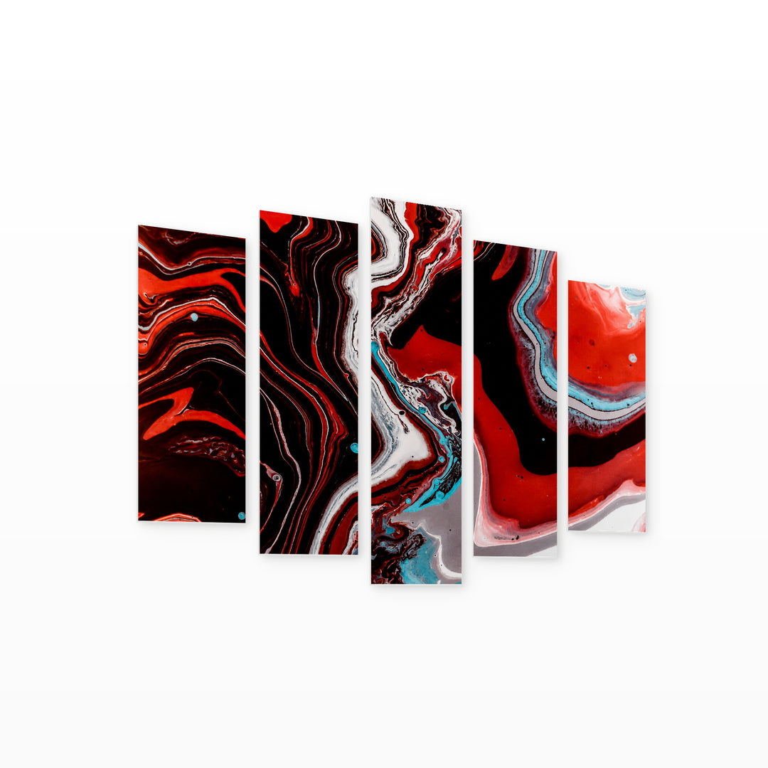 Red Abstract Liquid with Dramatic Contrast — five-panel wall art on white background in perspective | 5wallart 52868 M1