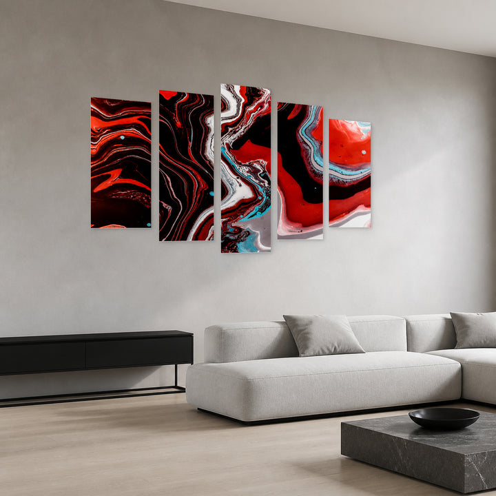 Red Abstract Liquid with Dramatic Contrast — five-panel wall art in perspective interior | 5wallart 52868 M2