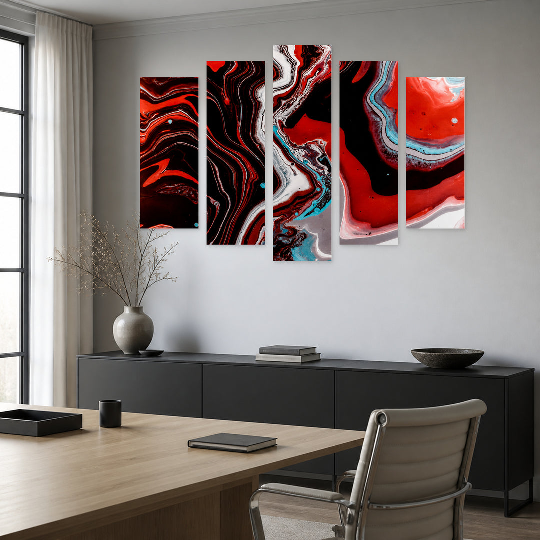Red Abstract Liquid with Dramatic Contrast — five-panel wall art in frontal interior | 5wallart 52868 M3