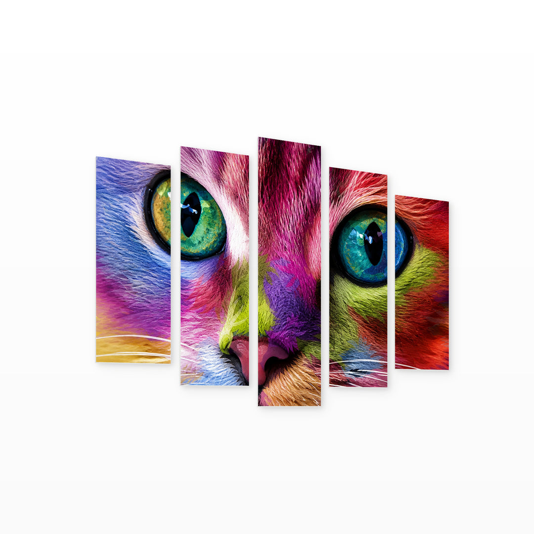 Colorful Cat with Geometric Rhythm — five-panel wall art on white background in perspective | 5wallart 52869 M1