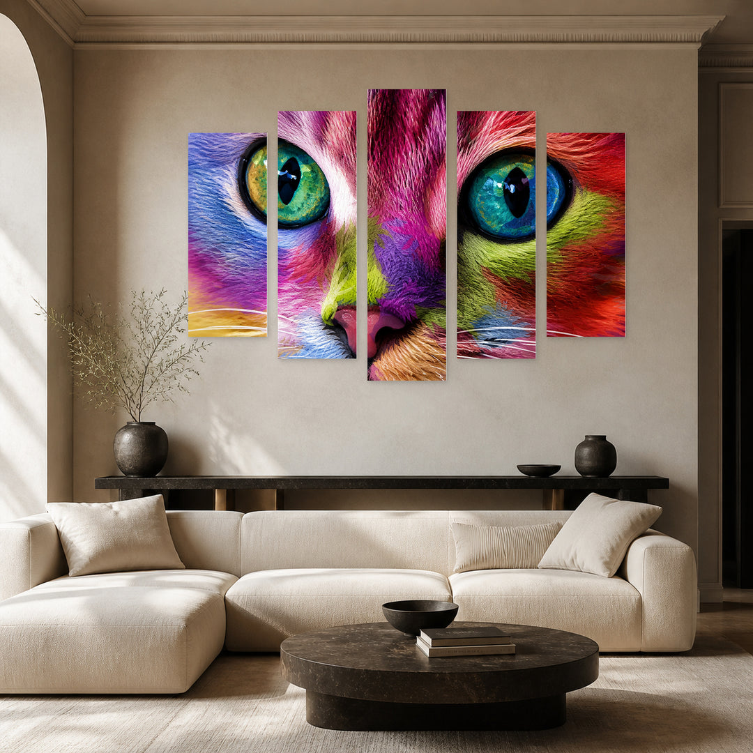 Colorful Cat with Geometric Rhythm — five-panel wall art in frontal interior | 5wallart 52869 M3