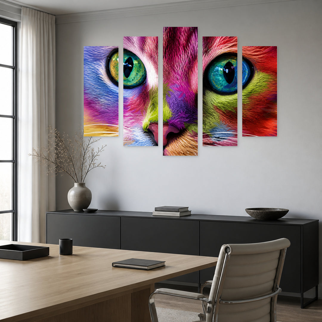 Colorful Cat with Geometric Rhythm — five-panel wall art in alternate frontal interior | 5wallart 52869 M4
