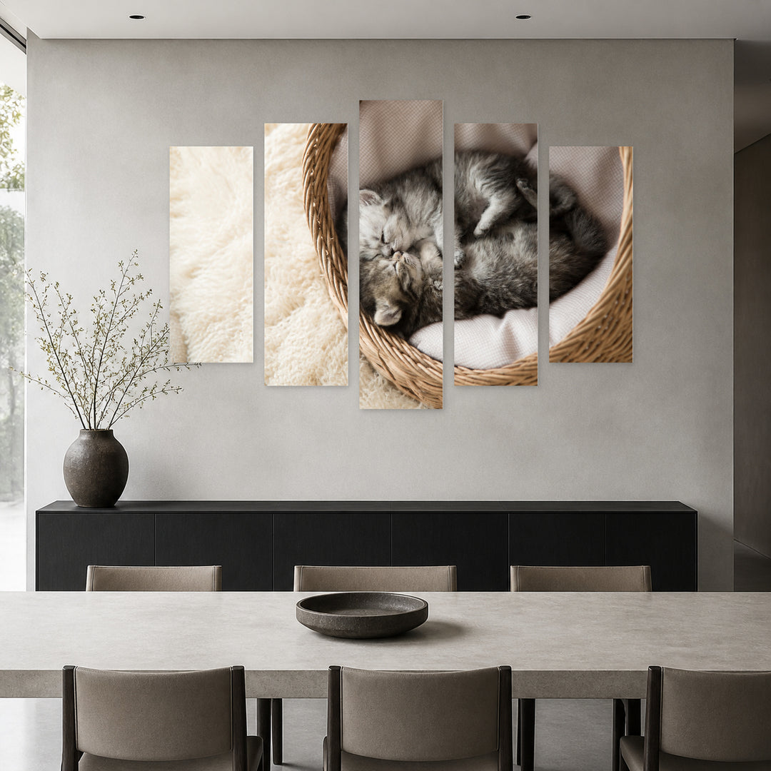 Cute Sleeping Kittens with Dreamlike Atmosphere — five-panel wall art in alternate frontal interior | 5wallart 52887 M4