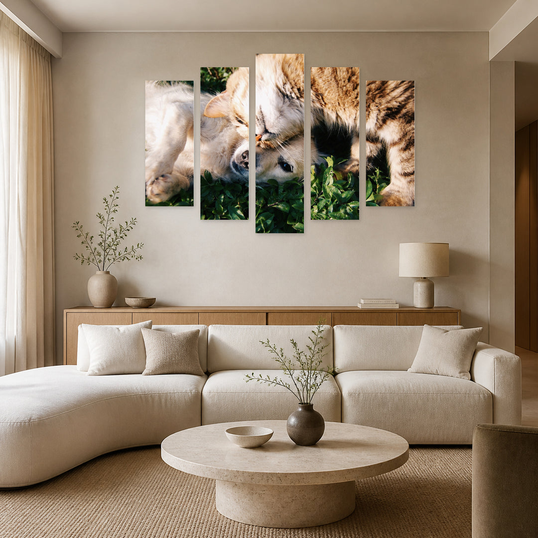 Cat and Dog with Geometric Rhythm — five-panel wall art in frontal interior | 5wallart 52891 M3