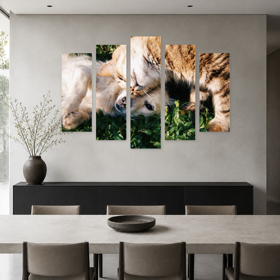 Cat and Dog with Geometric Rhythm — five-panel wall art in alternate frontal interior | 5wallart 52891 M4