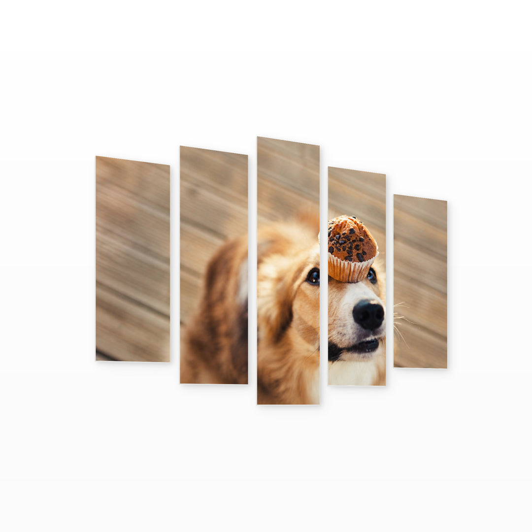 Dog and Muffin in Soft Pastels — five-panel wall art on white background in perspective | 5wallart 52899 M1