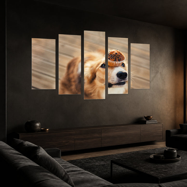 Dog and Muffin in Soft Pastels — five-panel wall art in perspective interior | 5wallart 52899 M2