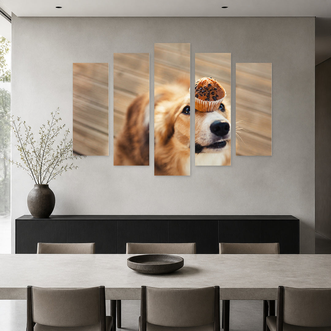 Dog and Muffin in Soft Pastels — five-panel wall art in alternate frontal interior | 5wallart 52899 M4