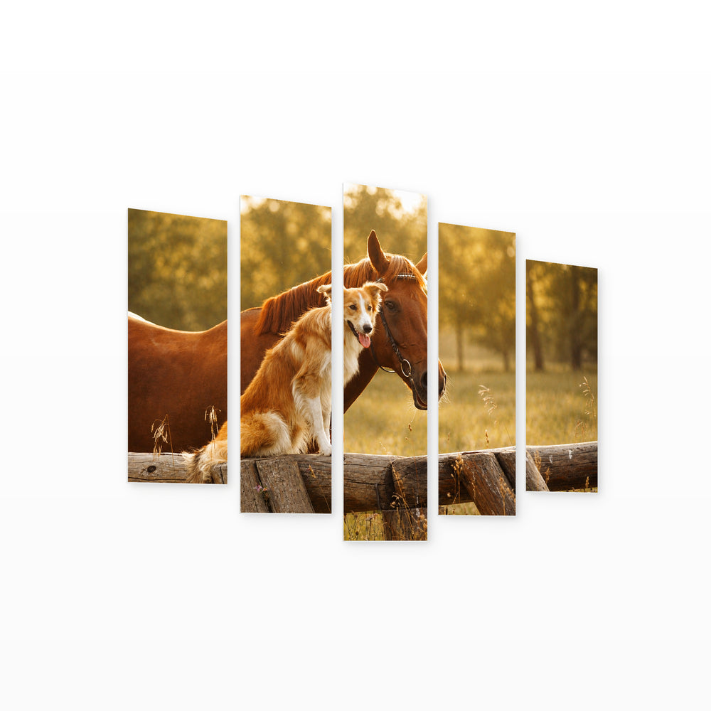Dog and Horse in Serene Light — five-panel wall art on white background in perspective | 5wallart 52900 M1