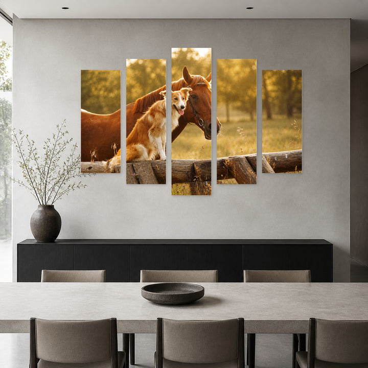 Dog and Horse in Serene Light — five-panel wall art in frontal interior | 5wallart 52900 M3