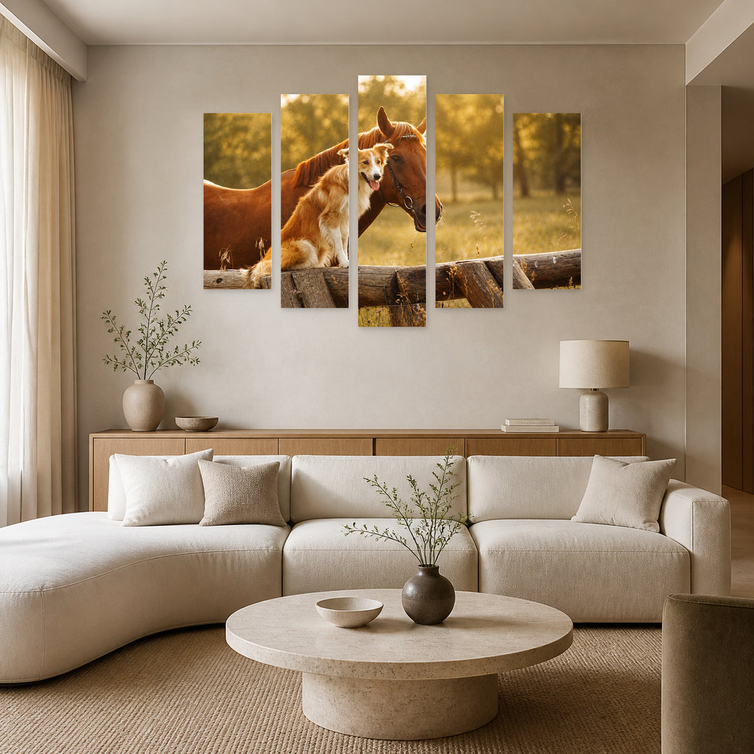 Dog and Horse in Serene Light — five-panel wall art in alternate frontal interior | 5wallart 52900 M4