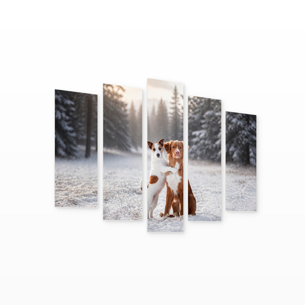 Two Dogs in the Snow in Winter — five-panel wall art on white background in perspective | 5wallart 52901 M1