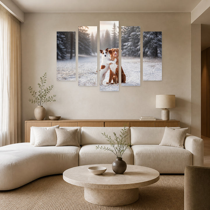 Two Dogs in the Snow in Winter — five-panel wall art in frontal interior | 5wallart 52901 M3