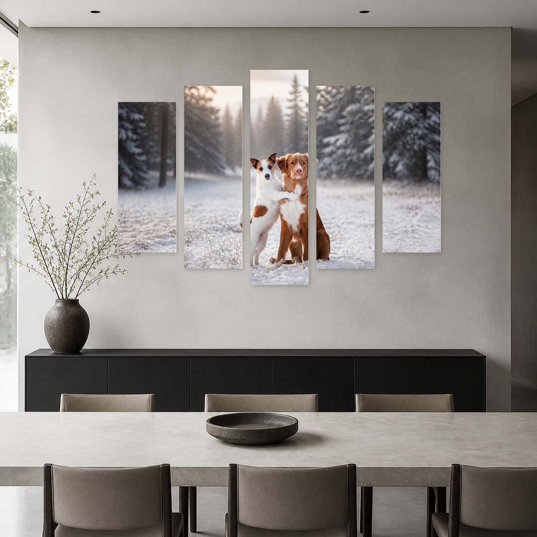Two Dogs in the Snow in Winter — five-panel wall art in alternate frontal interior | 5wallart 52901 M4