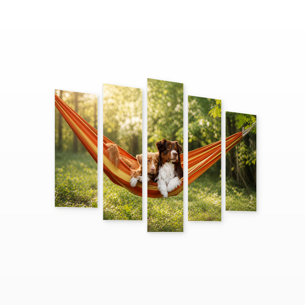 Dogs Lying in a Hammock in Serene Light — five-panel wall art on white background in perspective | 5wallart 52902 M1
