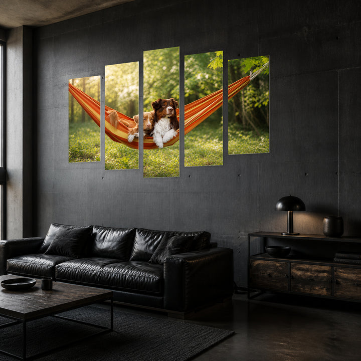 Dogs Lying in a Hammock in Serene Light — five-panel wall art in perspective interior | 5wallart 52902 M2